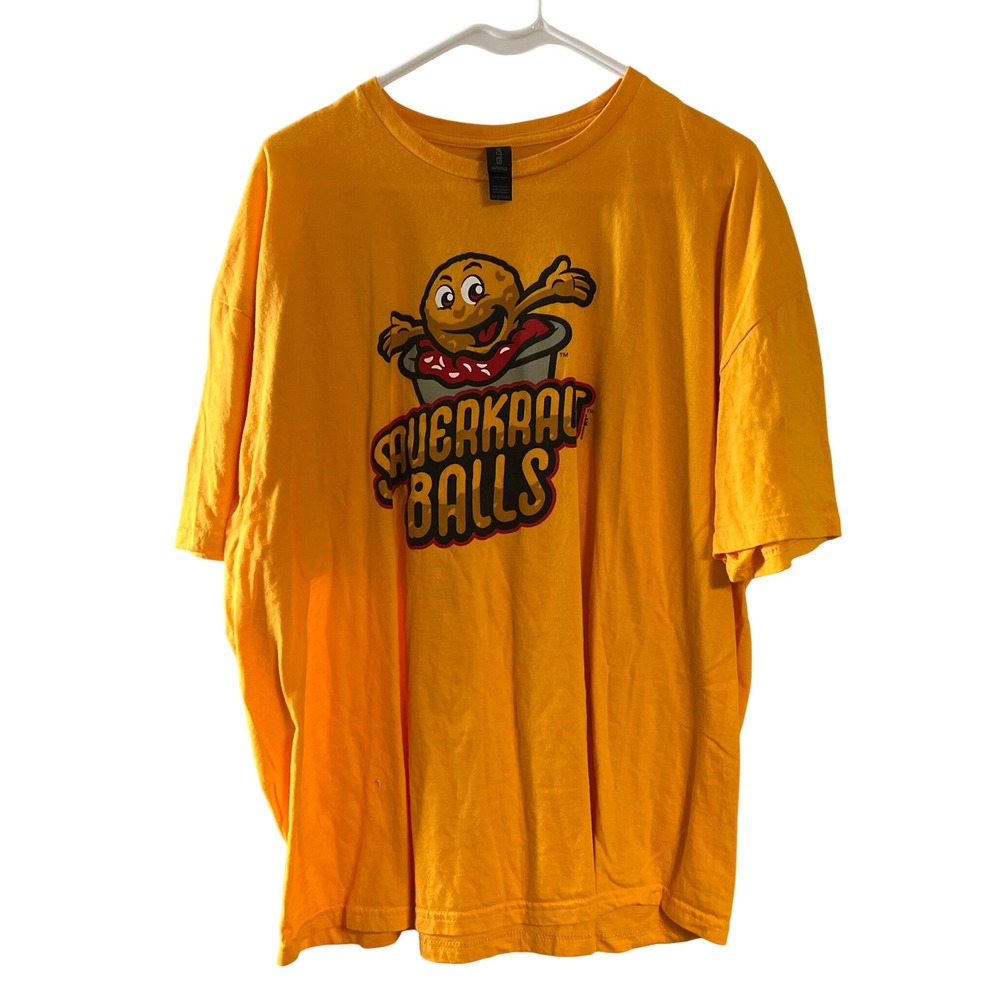 Akron Rubberducks Sauerkraut Balls Graphic T-Shirt Yellow Orange Mens 2XL MiLB